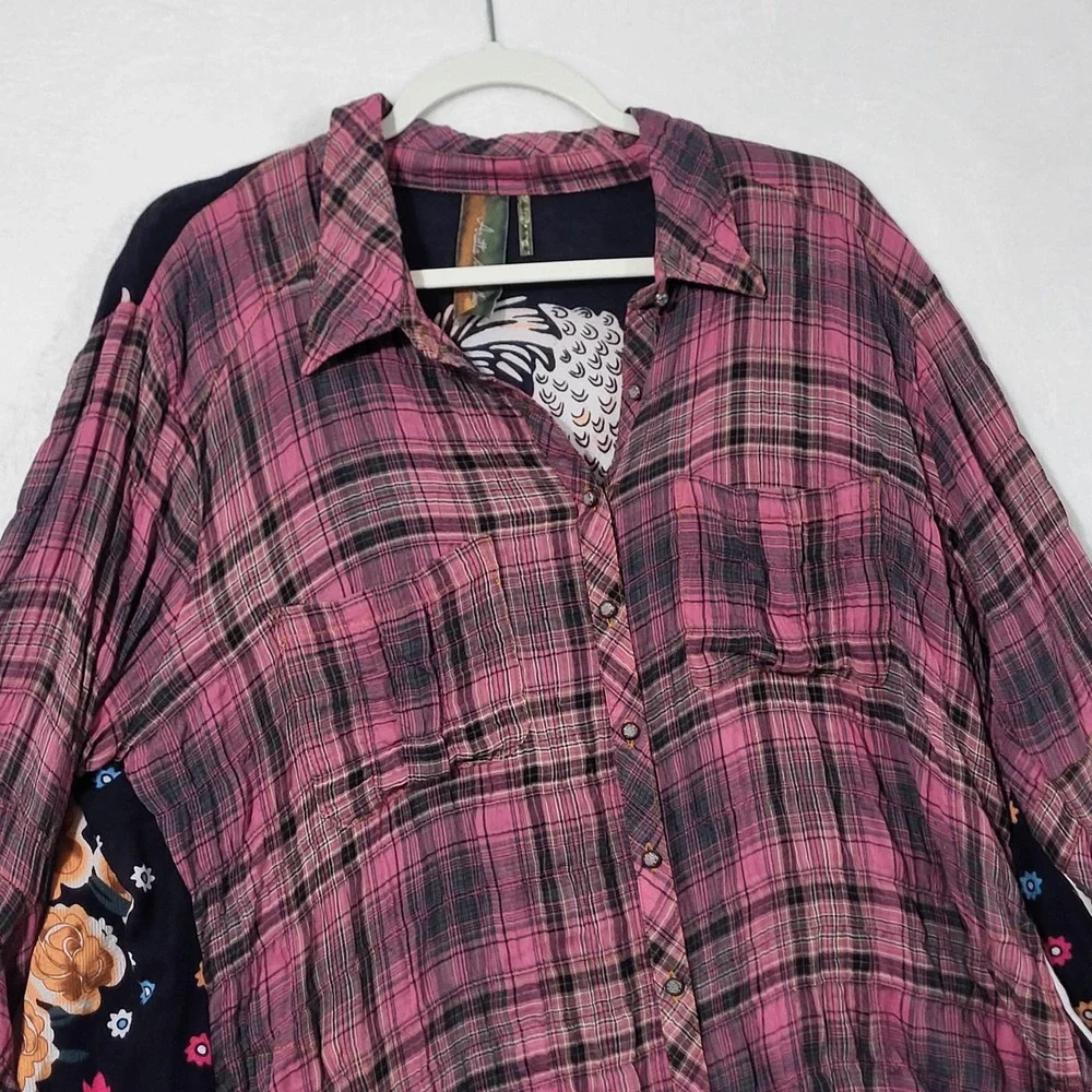 Aratta Shirt Womens Large Pink Plaid Bird Floral Boho Tunic Bell Sleeve Top - Picture 6 of 14